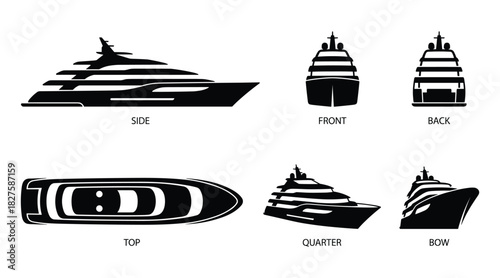 Detailed Black and White Mega Yacht Silhouettes from Various Perspectives