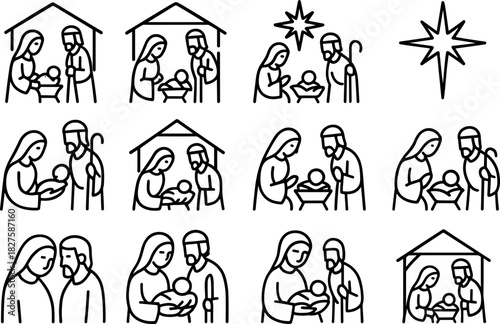 Nativity icons set. Holy family, manger, baby Jesus, Mary, Joseph, Christmas religious outline illustrations