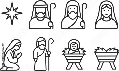 Nativity icons set. Holy family, manger, baby Jesus, Mary, Joseph, Christmas religious outline illustrations