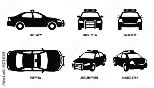 Precinct Patrol Car Silhouettes: Side, Front, Back and Top Views Vector
