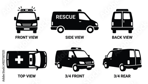 Vector Illustration: Rescue Van in Multiple Views, Black on White Background