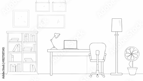 A minimalist, continuous line art drawing depicting a modern home office or workspace. The illustration shows a desk with a laptop and a desk lamp, an office chair with wheels, a bookshelf filled with