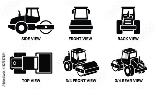 Road Roller Vehicle: Silhouette Views - Front, Back, Side, Top, Perspective