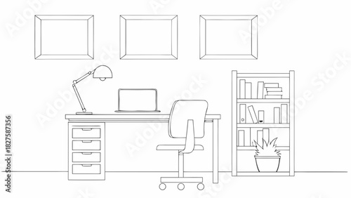 A minimalist, continuous line art drawing depicting a modern home office or workspace. The illustration shows a desk with a laptop and a desk lamp, an office chair with wheels, a bookshelf filled with