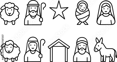 Nativity icons set. Holy family, manger, baby Jesus, Mary, Joseph, Christmas religious outline illustrations