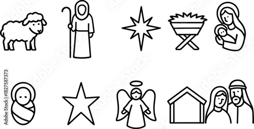Nativity icons set. Holy family, manger, baby Jesus, Mary, Joseph, Christmas religious outline illustrations