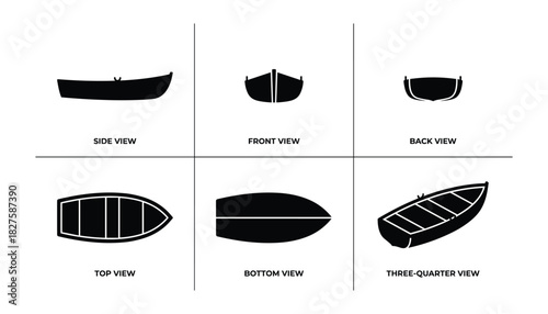Boat technical drawing presenting different perspectives: side, front, back