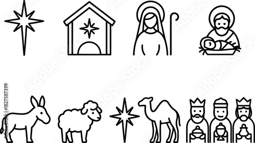Nativity icons set. Holy family, manger, baby Jesus, Mary, Joseph, Christmas religious outline illustrations
