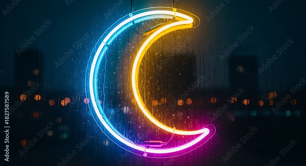 Fototapeta premium Abstract Neon Crescent Moon Sign in a Rainy Night Window with City Lights Backdrop