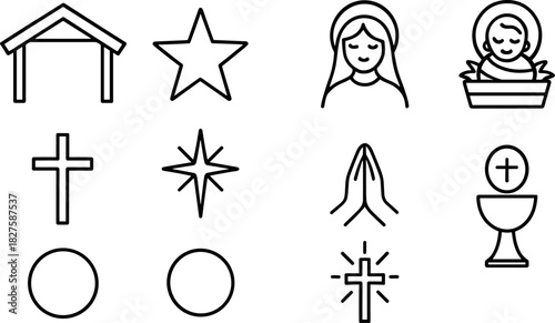 Nativity icons set. Holy family, manger, baby Jesus, Mary, Joseph, Christmas religious outline illustrations