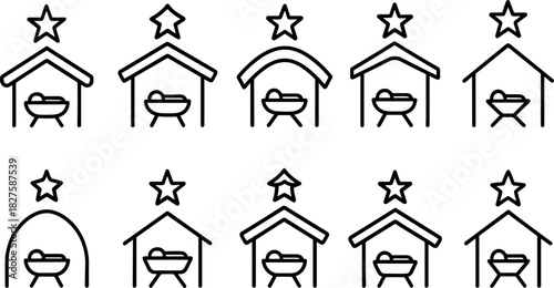 Nativity icons set. Holy family, manger, baby Jesus, Mary, Joseph, Christmas religious outline illustrations