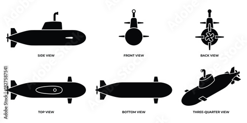 Schematic Views of Submarine Illustration on Isolated White Background.