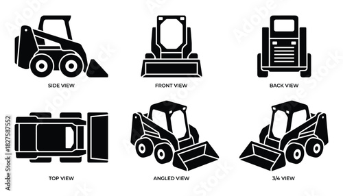 Skid Steer Loader Detailed Vector Icon Set With Multiple Viewing Angles