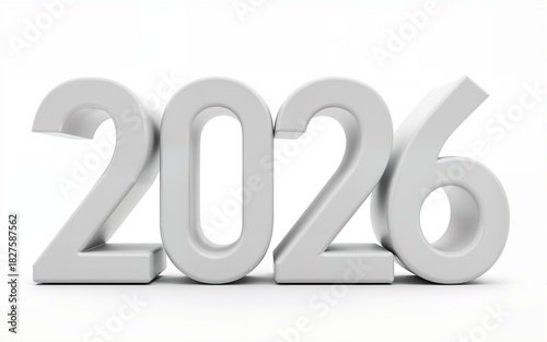 2026 New Year, 3d realistic glossy plastic white numbers 2026, text isolated on transparent background. High quality