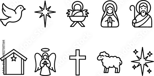 Nativity icons set. Holy family, manger, baby Jesus, Mary, Joseph, Christmas religious outline illustrations