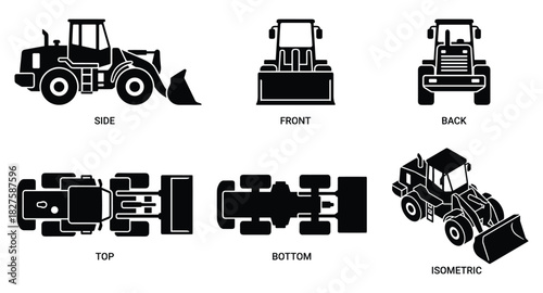 Detailed Black and White Vector Illustration of a Construction Vehicle