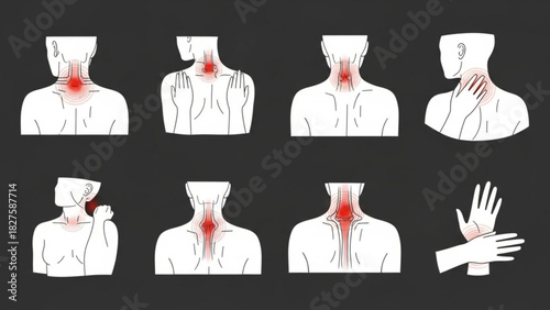 Illustrations showing different pain points in the human body neck shoulder and wrist areas highlighted in red