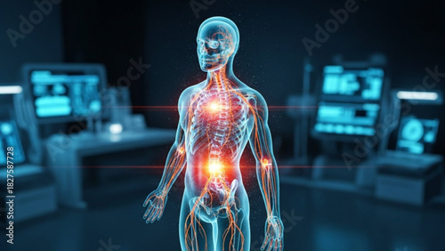 Anatomical rendering of human body with highlighted nervous system in a futuristic laboratory setting