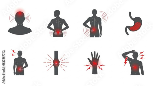Illustration showing different body parts with pain indications and discomfort in various human areas