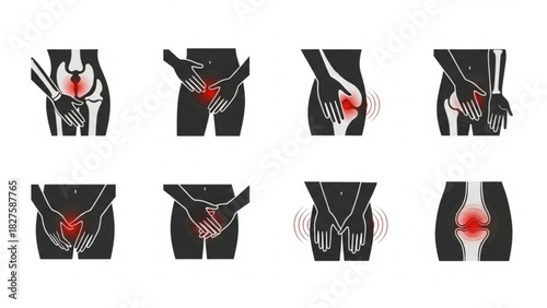 Illustration showing various areas of the body affected by pain and discomfort with red highlights