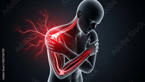 Illustration of human anatomy showing nerve pathways and pain in the shoulder and arm area