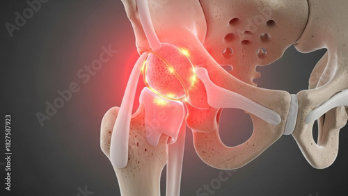 Illustration of a human hip joint with inflammation and pain highlighted in red and yellow hues anatomy
