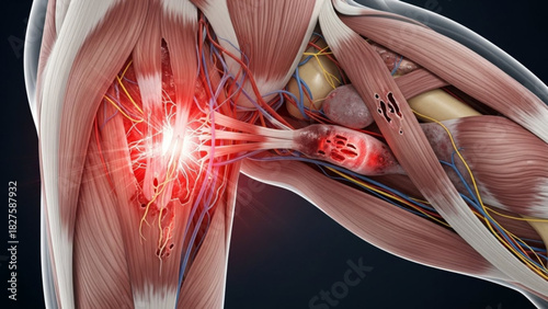 Anatomical rendering of shoulder muscles and tendons with a focused area of pain and inflammation