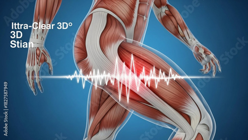Anatomical illustration of human leg muscles with pain indication and waveform overlay on blue background