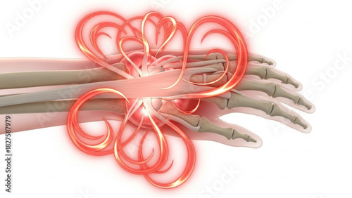 Illustration of a wrist with red glowing swirls indicating pain or inflammation around the joint area