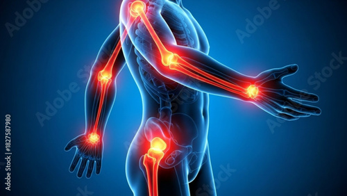 Human body illustration showing joint pain in shoulder elbow wrist and hip on a blue background
