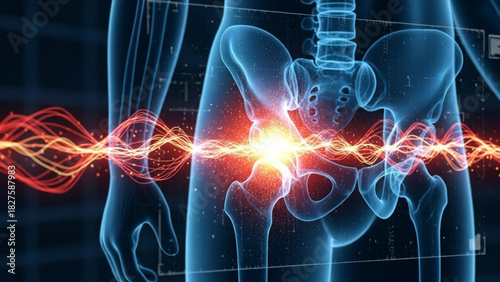 Anatomical illustration of the pelvis with radiating pain and surrounding body structure shown in blue