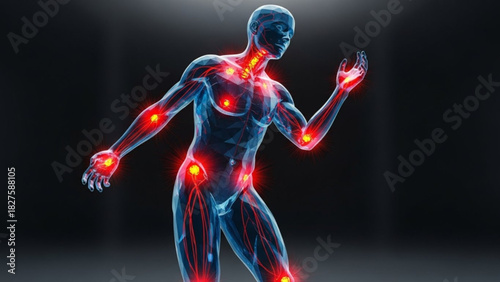 Human body anatomy with highlighted joints and nerves showing potential pain or inflammation areas of the body