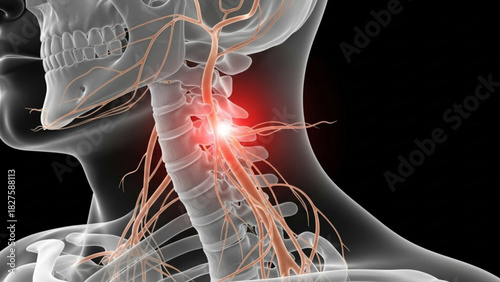Anatomical view of the human neck with nerves and spine highlighted in a medical illustration style