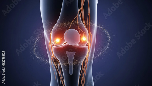 Illustration of a knee joint with visible ligaments and surrounding energy particles in a dark environment