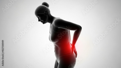 Silhouette of a woman experiencing lower back pain highlighted in red against a white background image
