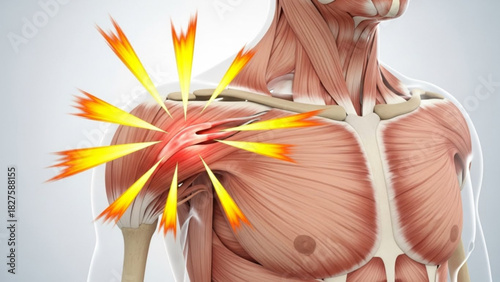 Anatomical illustration of a human torso showing shoulder pain with radiating yellow burst effects around it
