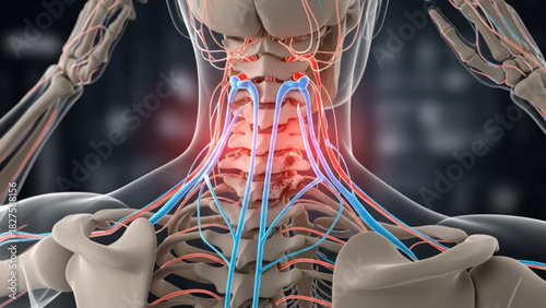 Anatomical illustration of the human neck and shoulder region showing nerves and blood vessels
