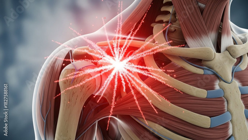 Anatomical illustration of shoulder joint with radiating pain and muscle structure shown in detail