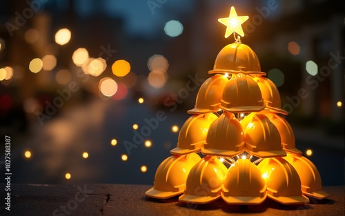 Christmas tree made of yellow construction helmets with glowing star and lights, celebrating Christmas in the construction industry, with a festive atmosphere and bokeh effect in a dark background