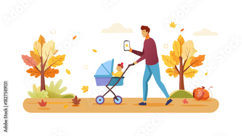 Father walking baby stroller in autumn park using mobile phone parenting lifestyle and family outdoor activity