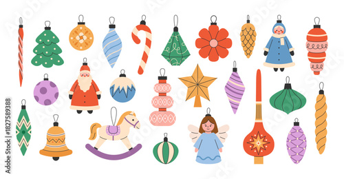 Set of vintage christmas ornaments and retro holiday characters. Classic toys, baubles, cones, stars, candy canes, rocking horse and angels in cute pastel style