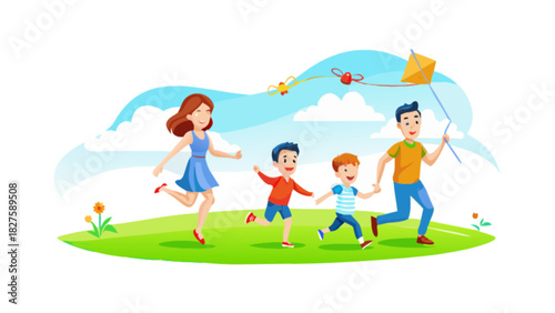 Family fun outdoor activity vector illustration of parents and children flying kites together happily on a sunny day