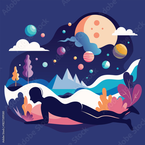 Surreal dreamscape illustration of a person in a cosmic landscape