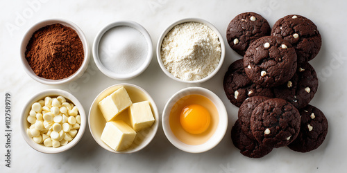 A batch of double chocolate cookies with ingredients