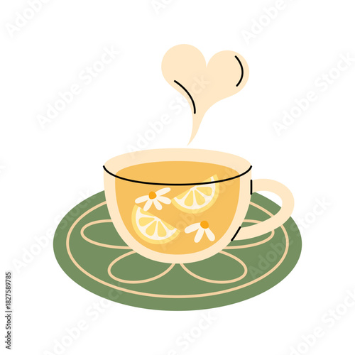 Cozy cup of lemon chamomile tea with flowers and steam heart on a green saucer