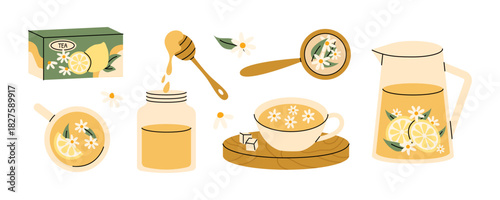 Lemon chamomile tea collection with honey jar, spoon, tea box, cup on wooden tray and glass pitcher