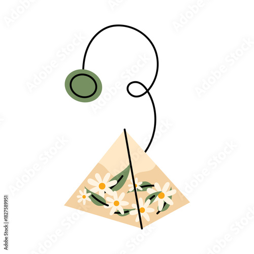 Pyramid tea bag with chamomile flowers and herbal blend for warm cozy drinks