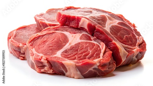 Three fresh raw pork shoulder steaks ready for cooking on a white background