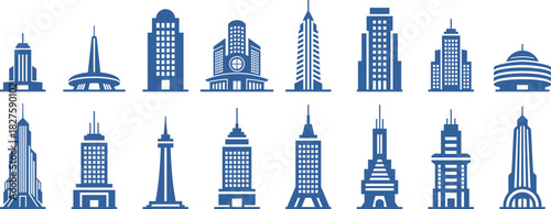 Monochrome City Building Silhouettes Icon Set Corporate Vector