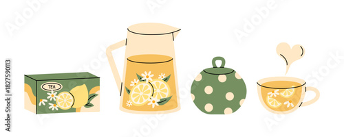 Warm lemon chamomile tea set with glass pitcher, tea box, sugar bowl and cozy cup